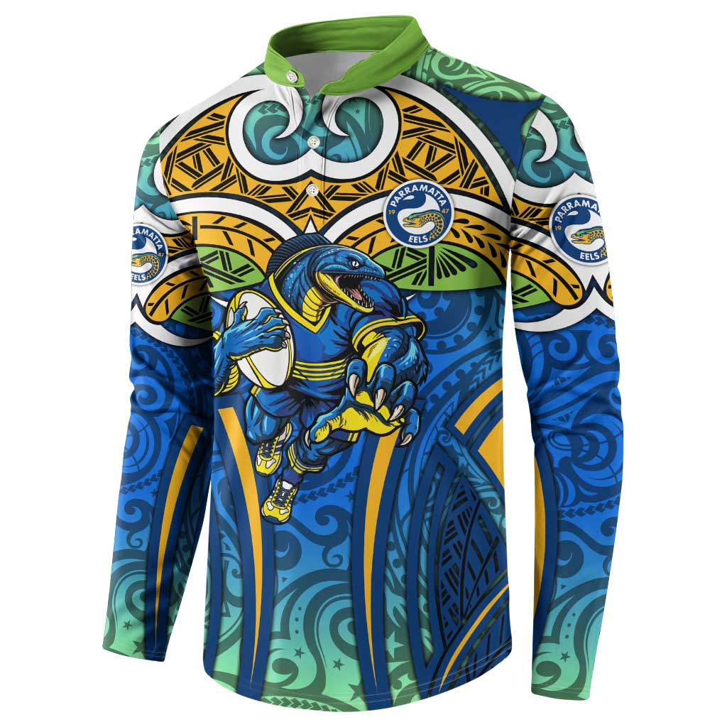 Parramatta Eels Rugby Button Sweatshirt Polynesian Tribal Eel Warrior Blue Gold Pattern