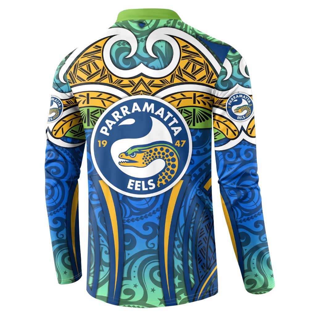 Parramatta Eels Rugby Button Sweatshirt Polynesian Tribal Eel Warrior Blue Gold Pattern