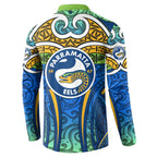 Parramatta Eels Rugby Button Sweatshirt Polynesian Tribal Eel Warrior Blue Gold Pattern