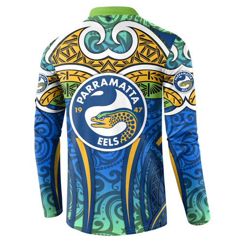 Parramatta Eels Rugby Button Sweatshirt Polynesian Tribal Eel Warrior Blue Gold Pattern
