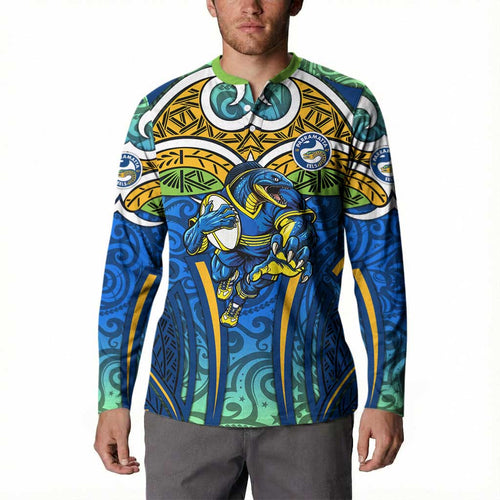 Parramatta Eels Rugby Button Sweatshirt Polynesian Tribal Eel Warrior Blue Gold Pattern