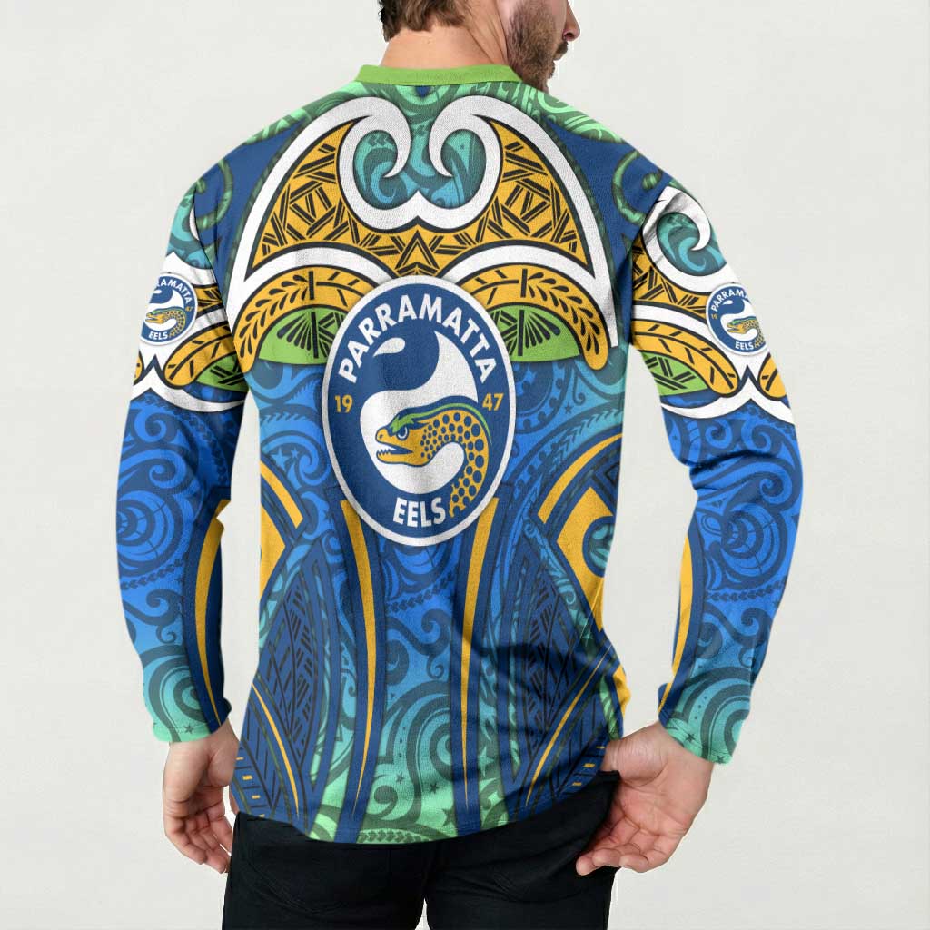 Parramatta Eels Rugby Button Sweatshirt Polynesian Tribal Eel Warrior Blue Gold Pattern