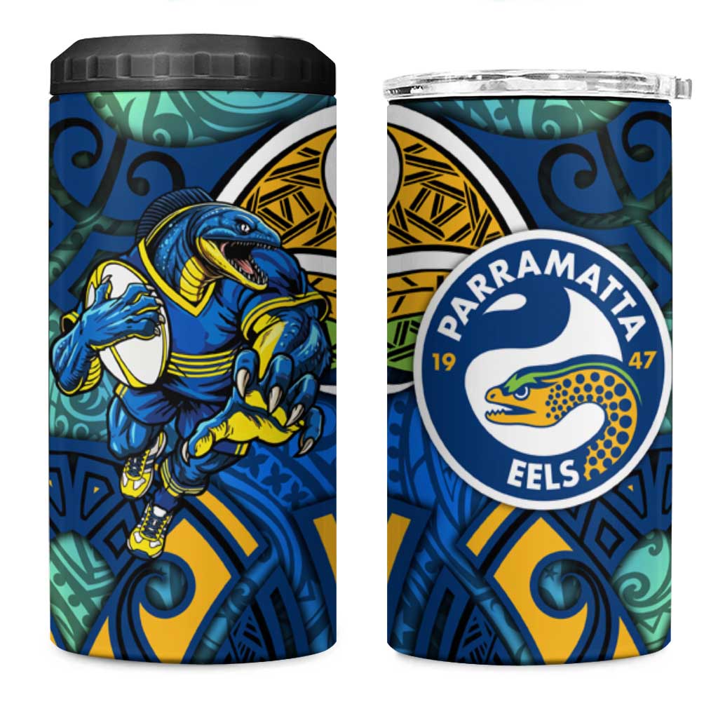 Parramatta Eels Rugby 4 in 1 Can Cooler Tumbler Polynesian Tribal Eel Warrior Blue Gold Pattern