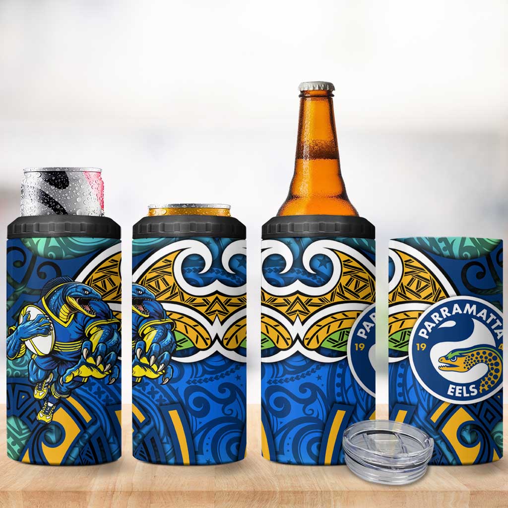 Parramatta Eels Rugby 4 in 1 Can Cooler Tumbler Polynesian Tribal Eel Warrior Blue Gold Pattern