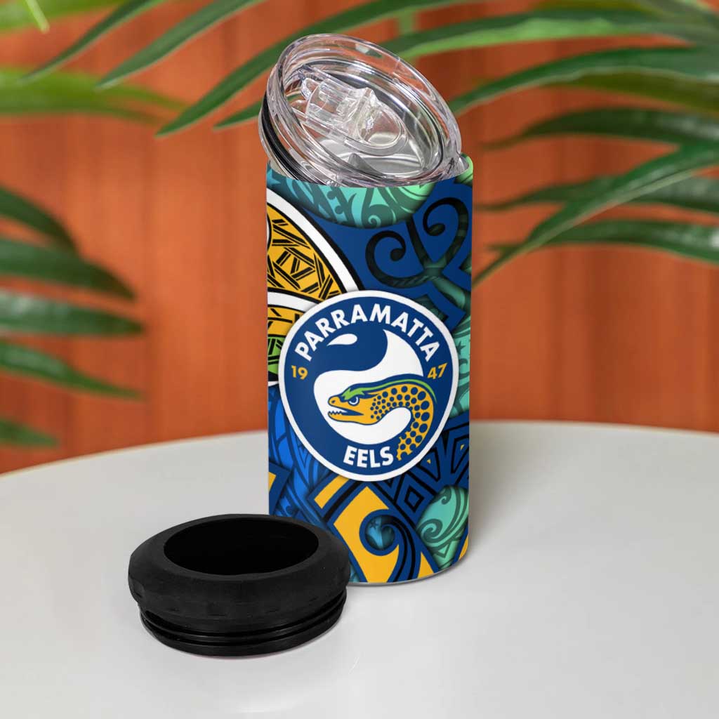Parramatta Eels Rugby 4 in 1 Can Cooler Tumbler Polynesian Tribal Eel Warrior Blue Gold Pattern