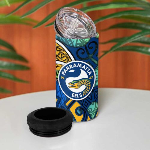 Parramatta Eels Rugby 4 in 1 Can Cooler Tumbler Polynesian Tribal Eel Warrior Blue Gold Pattern