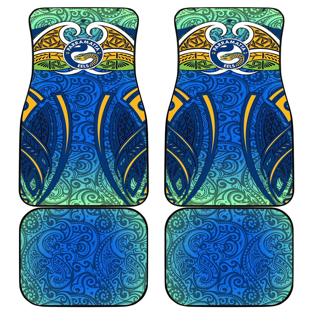 Parramatta Eels Rugby Car Mats Polynesian Tribal Eel Warrior Blue Gold Pattern