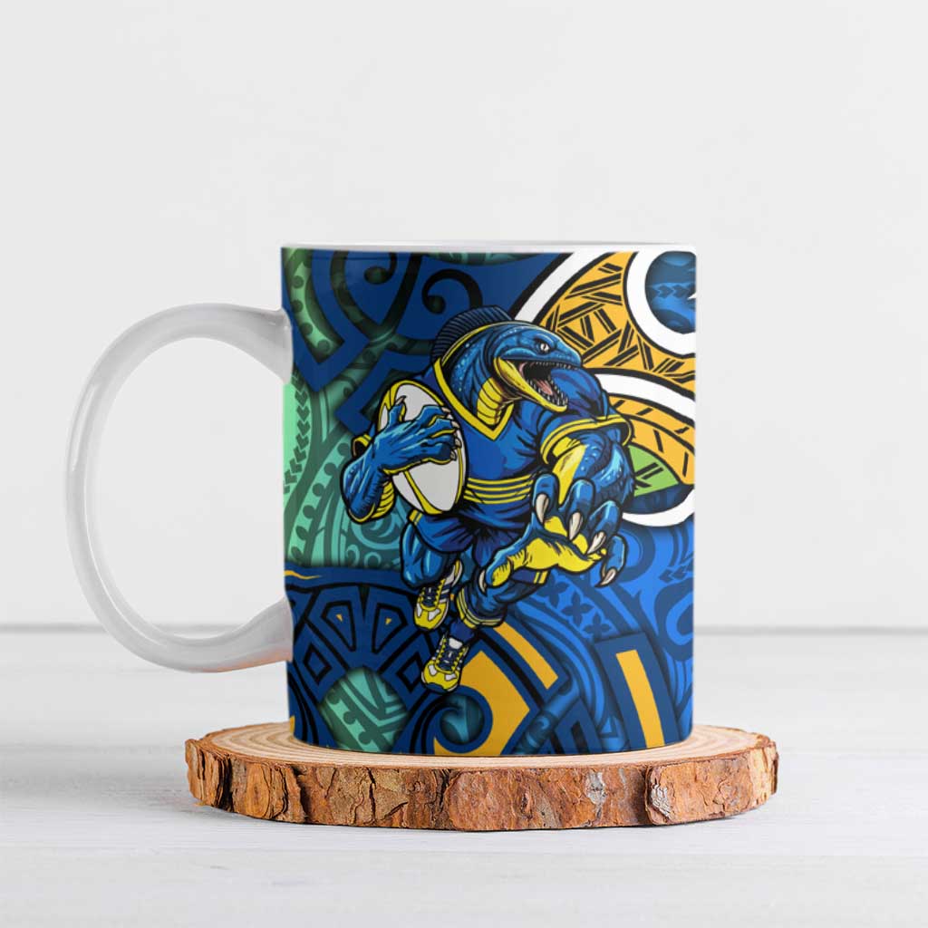 Parramatta Eels Rugby Ceramic Mug Polynesian Tribal Eel Warrior Blue Gold Pattern