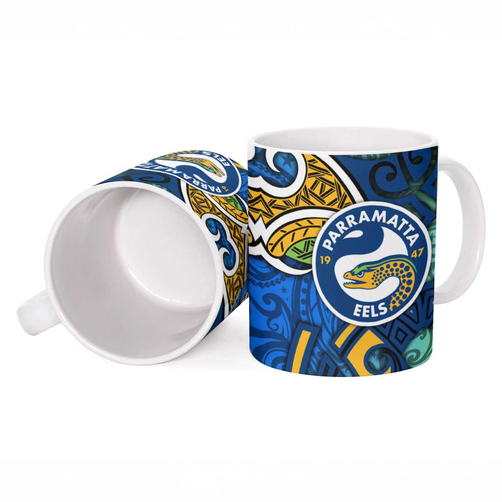 Parramatta Eels Rugby Ceramic Mug Polynesian Tribal Eel Warrior Blue Gold Pattern