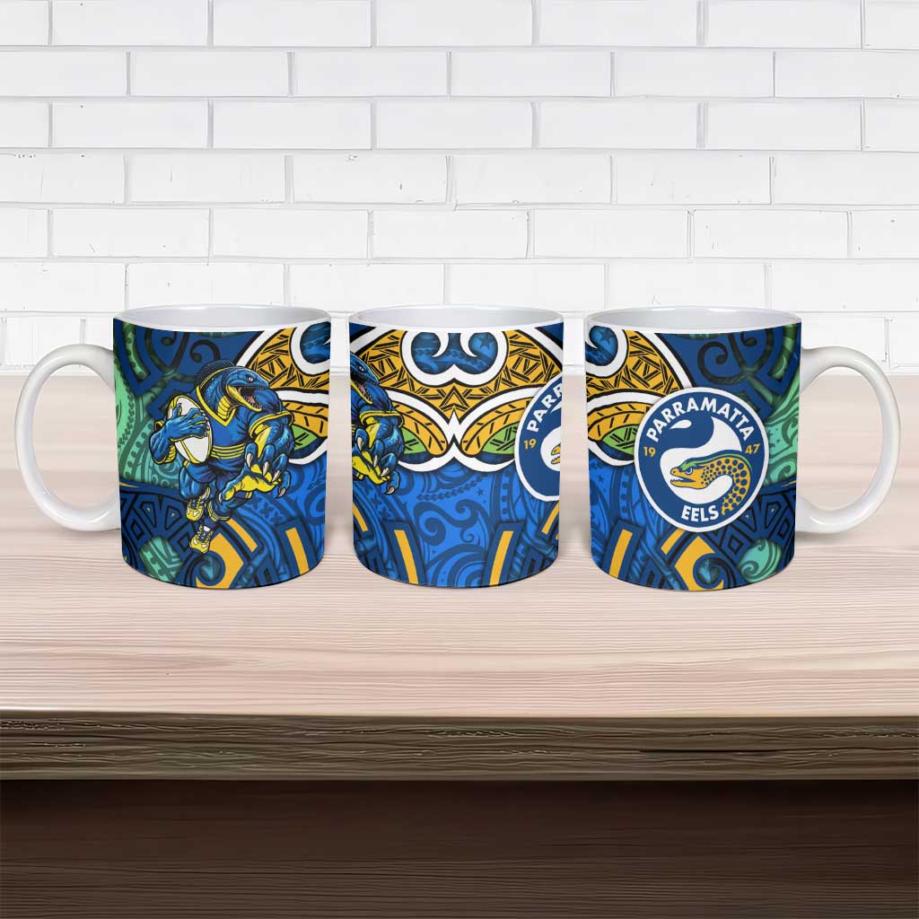Parramatta Eels Rugby Ceramic Mug Polynesian Tribal Eel Warrior Blue Gold Pattern