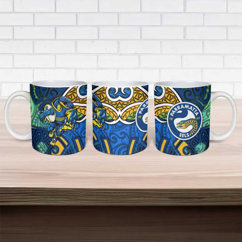 Parramatta Eels Rugby Ceramic Mug Polynesian Tribal Eel Warrior Blue Gold Pattern