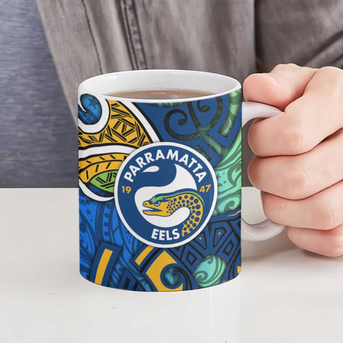 Parramatta Eels Rugby Ceramic Mug Polynesian Tribal Eel Warrior Blue Gold Pattern