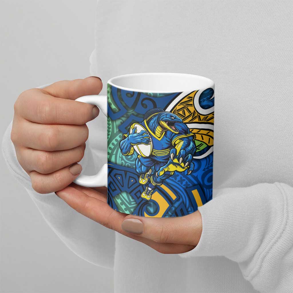 Parramatta Eels Rugby Ceramic Mug Polynesian Tribal Eel Warrior Blue Gold Pattern