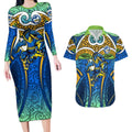 Parramatta Eels Rugby Couples Matching Long Sleeve Bodycon Dress and Hawaiian Shirt Polynesian Tribal Eel Warrior Blue Gold Pattern