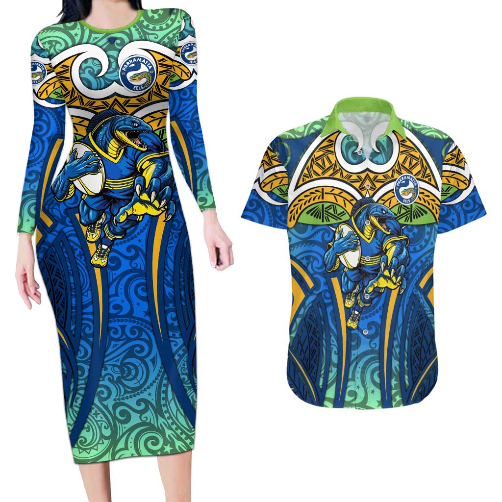 Parramatta Eels Rugby Couples Matching Long Sleeve Bodycon Dress and Hawaiian Shirt Polynesian Tribal Eel Warrior Blue Gold Pattern