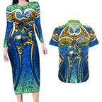 Parramatta Eels Rugby Couples Matching Long Sleeve Bodycon Dress and Hawaiian Shirt Polynesian Tribal Eel Warrior Blue Gold Pattern