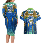 Parramatta Eels Rugby Couples Matching Long Sleeve Bodycon Dress and Hawaiian Shirt Polynesian Tribal Eel Warrior Blue Gold Pattern