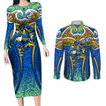 Parramatta Eels Rugby Couples Matching Long Sleeve Bodycon Dress and Long Sleeve Button Shirt Polynesian Tribal Eel Warrior Blue Gold Pattern