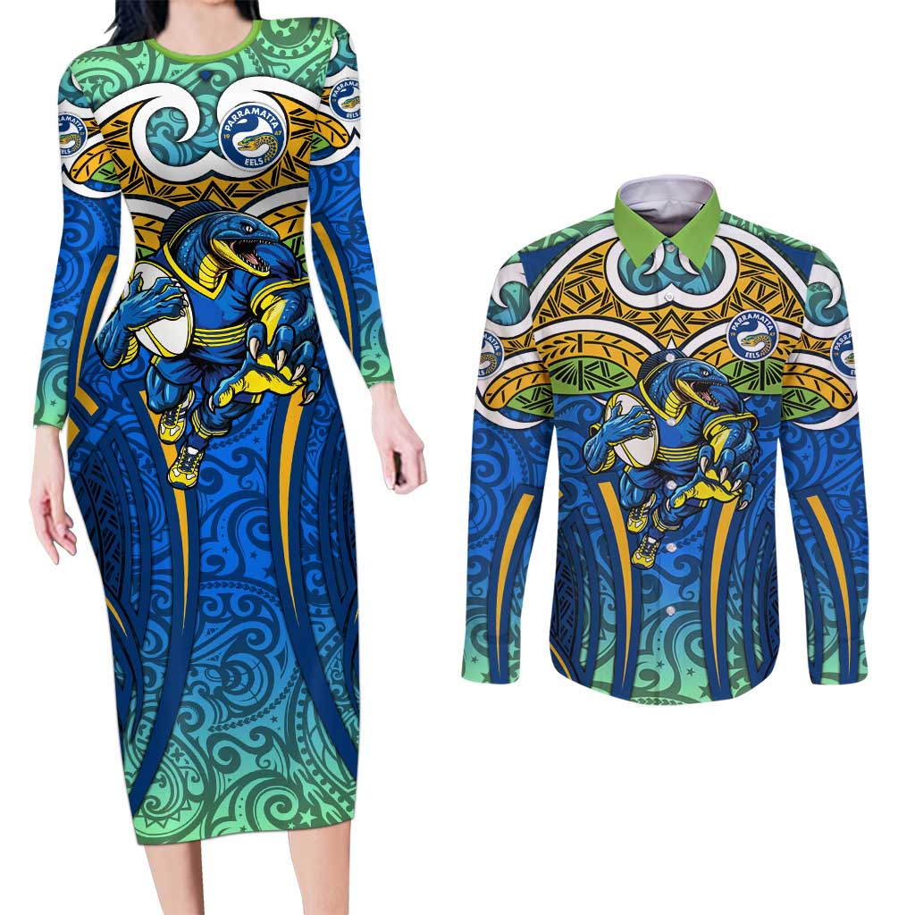 Parramatta Eels Rugby Couples Matching Long Sleeve Bodycon Dress and Long Sleeve Button Shirt Polynesian Tribal Eel Warrior Blue Gold Pattern