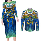 Parramatta Eels Rugby Couples Matching Long Sleeve Bodycon Dress and Long Sleeve Button Shirt Polynesian Tribal Eel Warrior Blue Gold Pattern