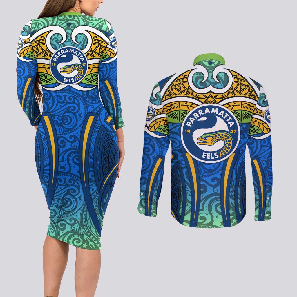 Parramatta Eels Rugby Couples Matching Long Sleeve Bodycon Dress and Long Sleeve Button Shirt Polynesian Tribal Eel Warrior Blue Gold Pattern