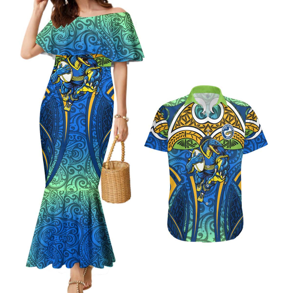 Parramatta Eels Rugby Couples Matching Mermaid Dress and Hawaiian Shirt Polynesian Tribal Eel Warrior Blue Gold Pattern