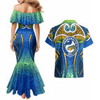 Parramatta Eels Rugby Couples Matching Mermaid Dress and Hawaiian Shirt Polynesian Tribal Eel Warrior Blue Gold Pattern