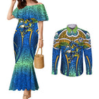Parramatta Eels Rugby Couples Matching Mermaid Dress and Long Sleeve Button Shirt Polynesian Tribal Eel Warrior Blue Gold Pattern