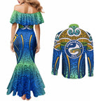 Parramatta Eels Rugby Couples Matching Mermaid Dress and Long Sleeve Button Shirt Polynesian Tribal Eel Warrior Blue Gold Pattern
