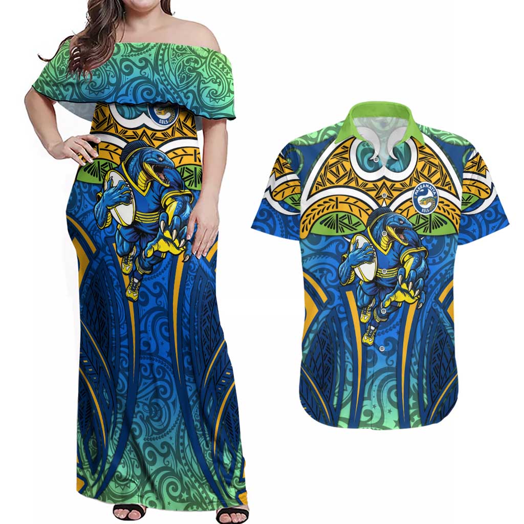 Parramatta Eels Rugby Couples Matching Off Shoulder Maxi Dress and Hawaiian Shirt Polynesian Tribal Eel Warrior Blue Gold Pattern