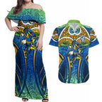 Parramatta Eels Rugby Couples Matching Off Shoulder Maxi Dress and Hawaiian Shirt Polynesian Tribal Eel Warrior Blue Gold Pattern