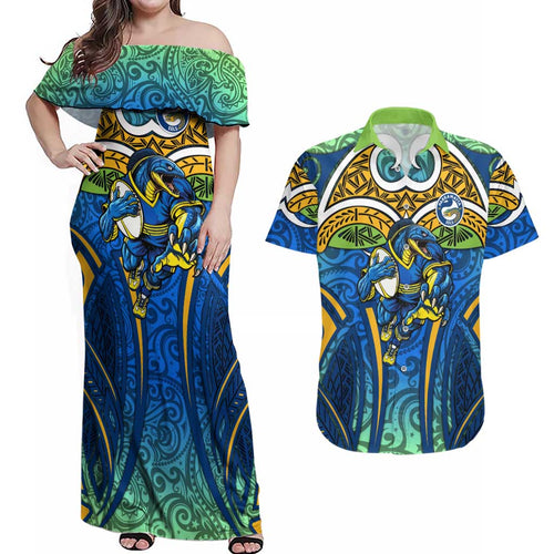 Parramatta Eels Rugby Couples Matching Off Shoulder Maxi Dress and Hawaiian Shirt Polynesian Tribal Eel Warrior Blue Gold Pattern