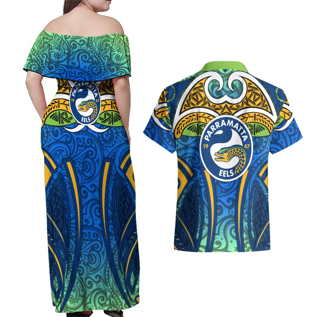 Parramatta Eels Rugby Couples Matching Off Shoulder Maxi Dress and Hawaiian Shirt Polynesian Tribal Eel Warrior Blue Gold Pattern