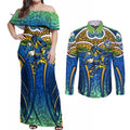 Parramatta Eels Rugby Couples Matching Off Shoulder Maxi Dress and Long Sleeve Button Shirt Polynesian Tribal Eel Warrior Blue Gold Pattern