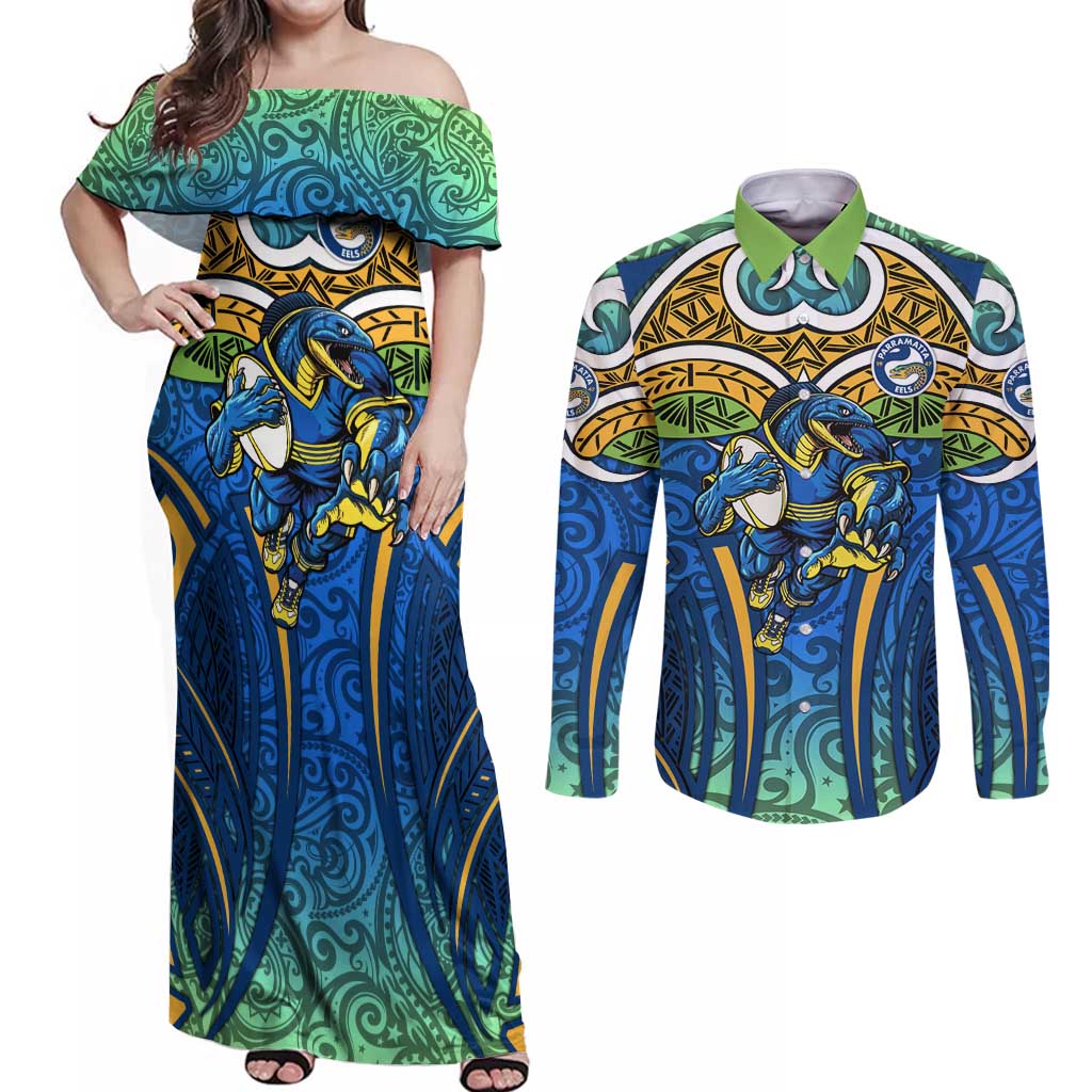 Parramatta Eels Rugby Couples Matching Off Shoulder Maxi Dress and Long Sleeve Button Shirt Polynesian Tribal Eel Warrior Blue Gold Pattern