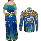 Parramatta Eels Rugby Couples Matching Off Shoulder Maxi Dress and Long Sleeve Button Shirt Polynesian Tribal Eel Warrior Blue Gold Pattern