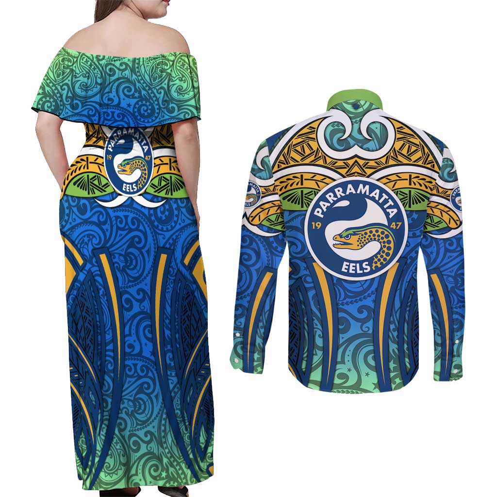 Parramatta Eels Rugby Couples Matching Off Shoulder Maxi Dress and Long Sleeve Button Shirt Polynesian Tribal Eel Warrior Blue Gold Pattern