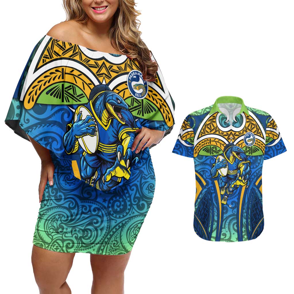 Parramatta Eels Rugby Couples Matching Off Shoulder Short Dress and Hawaiian Shirt Polynesian Tribal Eel Warrior Blue Gold Pattern