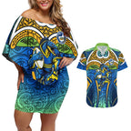 Parramatta Eels Rugby Couples Matching Off Shoulder Short Dress and Hawaiian Shirt Polynesian Tribal Eel Warrior Blue Gold Pattern