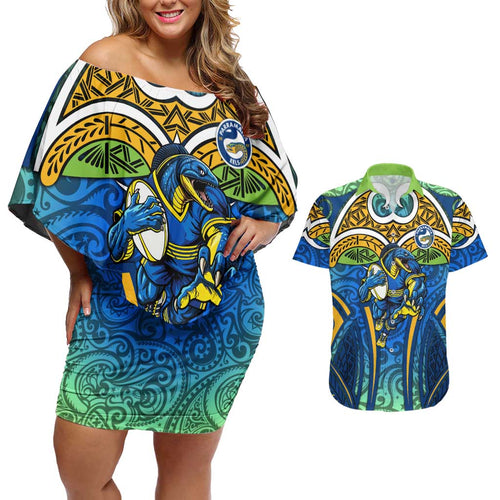 Parramatta Eels Rugby Couples Matching Off Shoulder Short Dress and Hawaiian Shirt Polynesian Tribal Eel Warrior Blue Gold Pattern