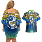 Parramatta Eels Rugby Couples Matching Off Shoulder Short Dress and Hawaiian Shirt Polynesian Tribal Eel Warrior Blue Gold Pattern