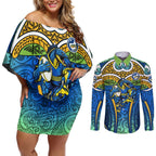 Parramatta Eels Rugby Couples Matching Off Shoulder Short Dress and Long Sleeve Button Shirt Polynesian Tribal Eel Warrior Blue Gold Pattern