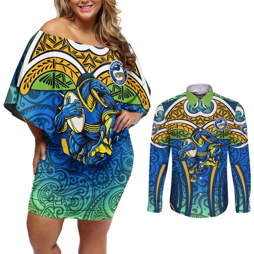 Parramatta Eels Rugby Couples Matching Off Shoulder Short Dress and Long Sleeve Button Shirt Polynesian Tribal Eel Warrior Blue Gold Pattern
