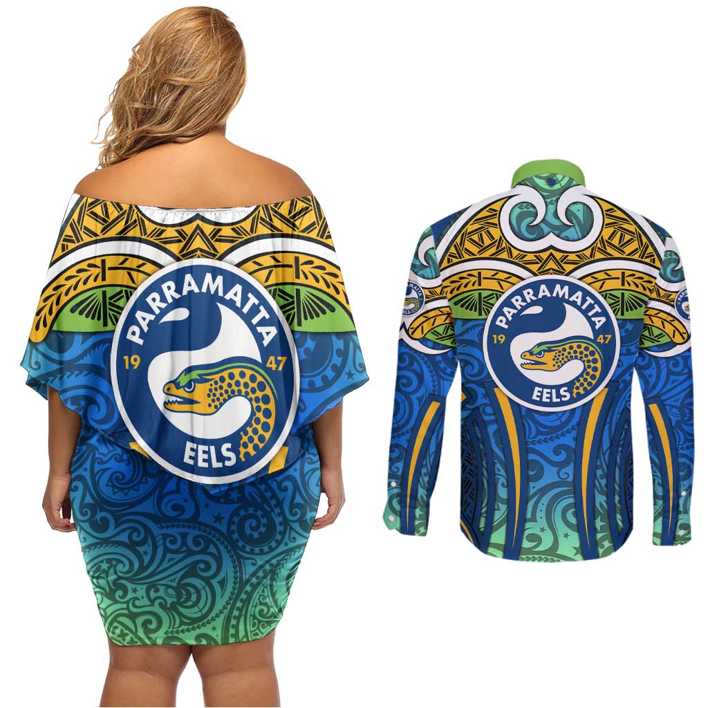 Parramatta Eels Rugby Couples Matching Off Shoulder Short Dress and Long Sleeve Button Shirt Polynesian Tribal Eel Warrior Blue Gold Pattern