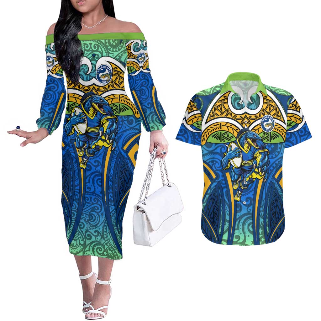 Parramatta Eels Rugby Couples Matching Off The Shoulder Long Sleeve Dress and Hawaiian Shirt Polynesian Tribal Eel Warrior Blue Gold Pattern