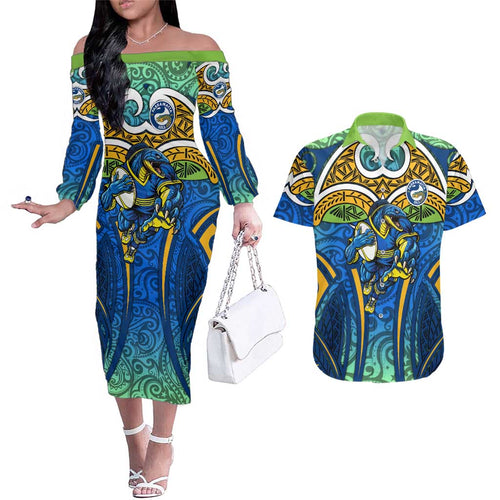 Parramatta Eels Rugby Couples Matching Off The Shoulder Long Sleeve Dress and Hawaiian Shirt Polynesian Tribal Eel Warrior Blue Gold Pattern