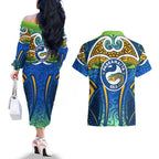 Parramatta Eels Rugby Couples Matching Off The Shoulder Long Sleeve Dress and Hawaiian Shirt Polynesian Tribal Eel Warrior Blue Gold Pattern