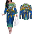 Parramatta Eels Rugby Couples Matching Off The Shoulder Long Sleeve Dress and Long Sleeve Button Shirt Polynesian Tribal Eel Warrior Blue Gold Pattern