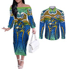 Parramatta Eels Rugby Couples Matching Off The Shoulder Long Sleeve Dress and Long Sleeve Button Shirt Polynesian Tribal Eel Warrior Blue Gold Pattern