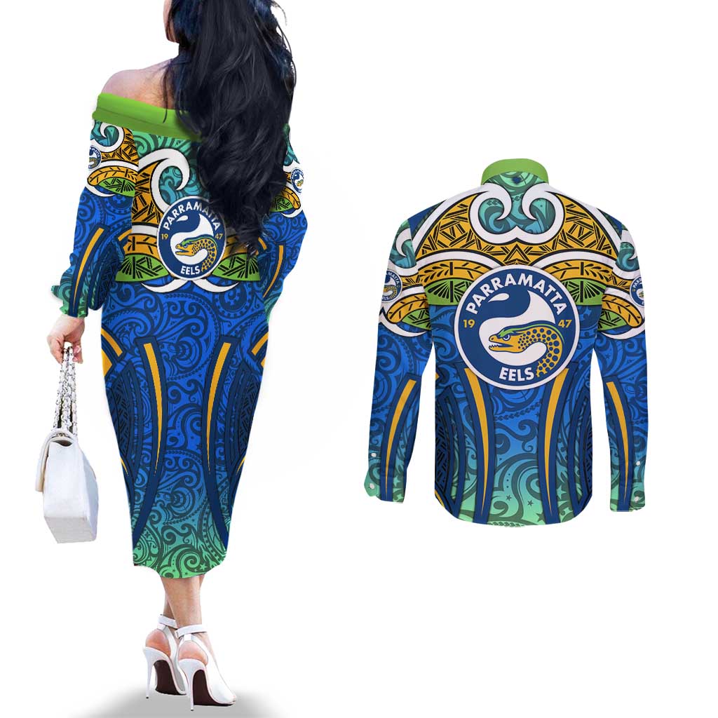 Parramatta Eels Rugby Couples Matching Off The Shoulder Long Sleeve Dress and Long Sleeve Button Shirt Polynesian Tribal Eel Warrior Blue Gold Pattern